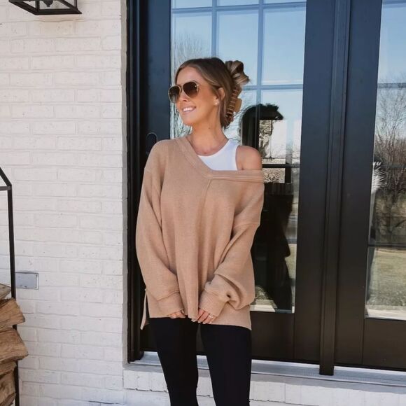 Aerie | Wonder Textured V-Neck Brown Slouchy Oversize Sweatshirt Women Medium - Picture 1 of 7